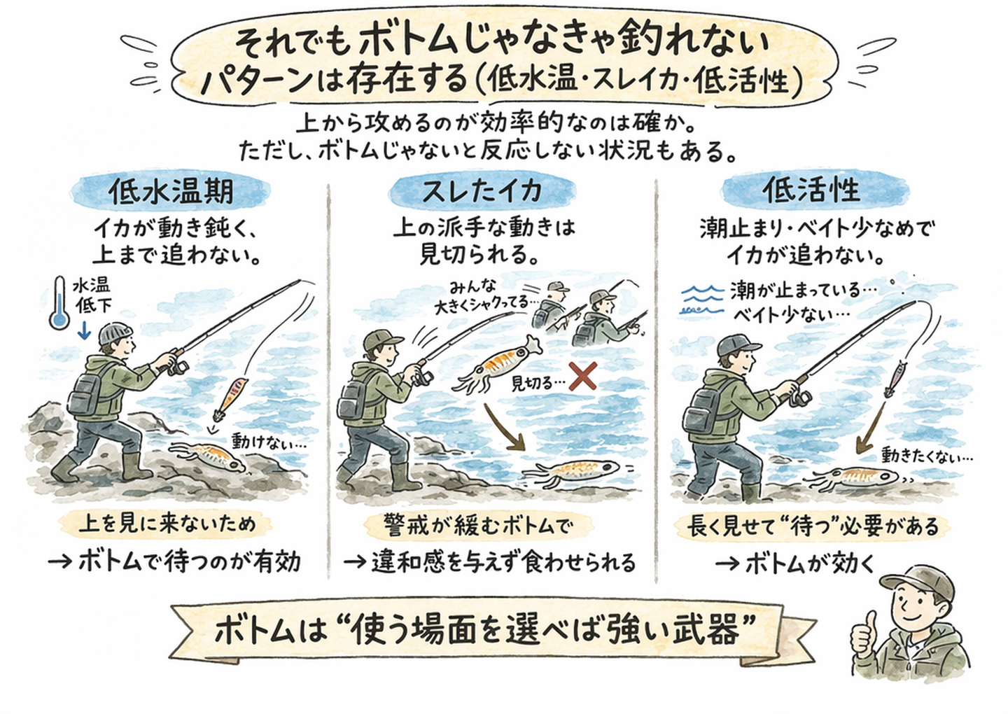 それでもボトムじゃなきゃ釣れないパターンは存在する（低水温・スレイカ・低活性）を説明したイラスト