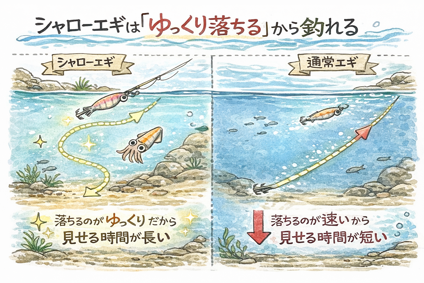 イカを釣りたきゃエギはシャロータイプを使うを説明したイラスト